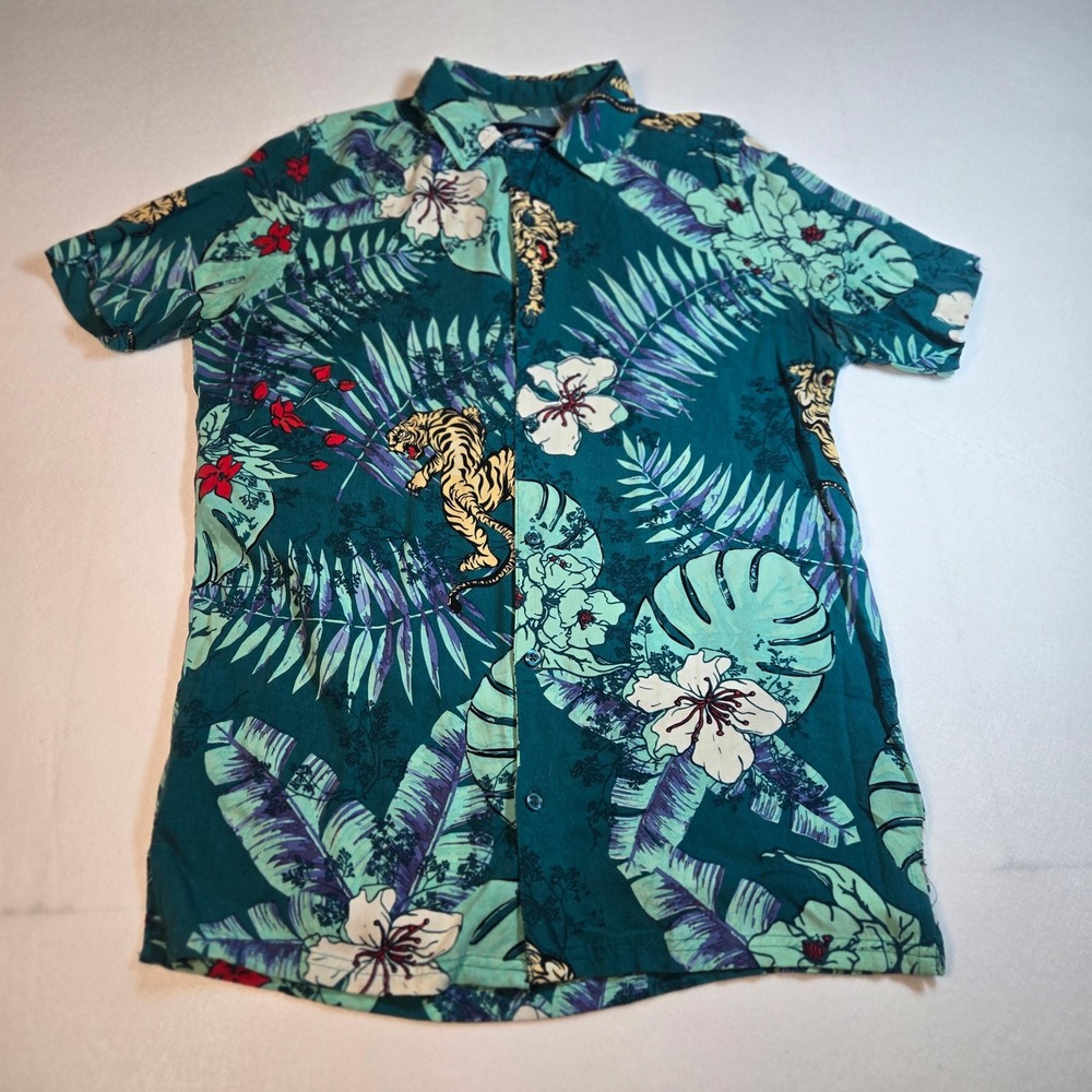 Drill Clothing Co Button Down Mens Small Teal Excellent Tropical Tiger Rayon